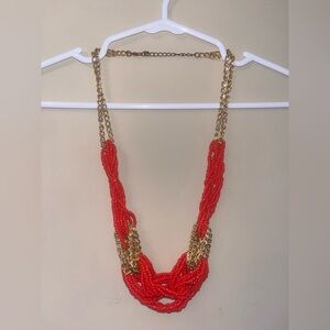Gold Chain Multi-Strand Red Beaded Statement Necklace